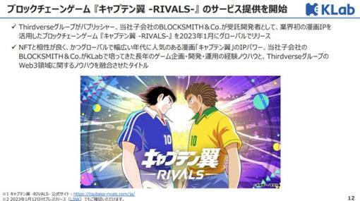 【KLab決算説明会速報】 『キャプテン翼 -RIVALS-』の「反響は大きかった」(森田社長)　子会社BLOCKSMITH＆Co.の業績寄与は次の第1四半期からの予定