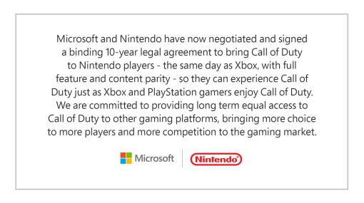Microsoft，「Call of Duty」を任天堂のプレイヤーに届けるため，法的拘束力のある10年間の契約を締結。Xboxと同じ日に同じコンテンツで