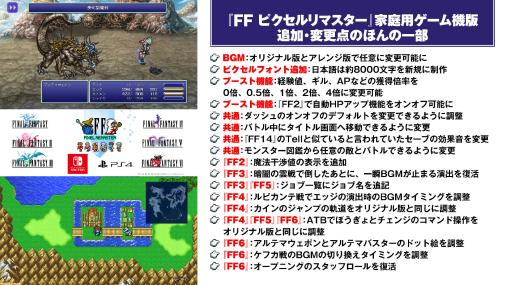 Switch/PS4版『FF ピクセルリマスター』8000文字の日本語ピクセルフォント作成に、経験値0倍などのやり込み配慮、BGMの演出微調整など、細かすぎる調整内容に溢れる琢磨Pのこだわり