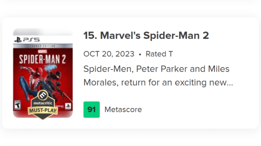 『スパイダーマン』原作の人気アクションゲームの最新作『Marvel’s Spider-Man 2』が海外メディアによるレビュー数値「メタスコア」で91点を獲得。「ダブル主人公」で前作の魅力を拡張し高い評価を獲得