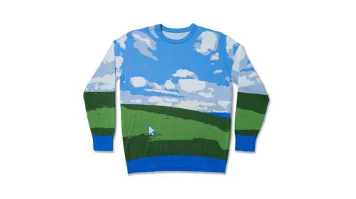 「Windows XP」の「ダサい（自称）」セーターをMicrosoftが公式に販売中。「クリスマスにダサいセーターを着る」欧米の文化にちなんだ商品で、デスクトップ壁紙「草原」を大胆に描く