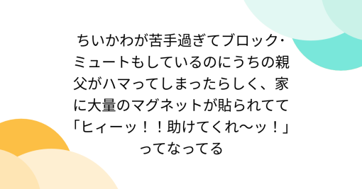 ちいかわが苦手過ぎてブロック･ミュートもしているのにうちの親父がハマってしまったらしく、家に大量のマグネットが貼られてて｢ヒィーッ！！助けてくれ～ッ！｣ってなってる