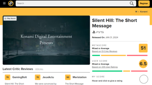 【悲報】無料配信された「サイレントヒル：ザ ショートメッセージ」、無料なのにメタスコア50点台