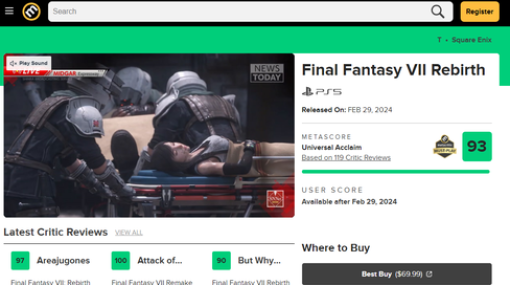 FF7リメイク、メタスコア93点の超高評価ｗｗ神ゲーへｗｗ