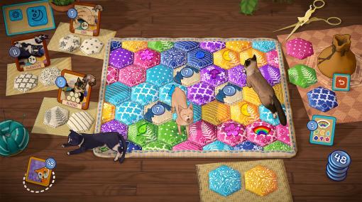 ネコちゃんが気に入るようにキルトを縫い上げよう。デジタルボードゲーム「キャリコ 〜陽だまりネコとパッチワーク〜」，Steamで本日発売