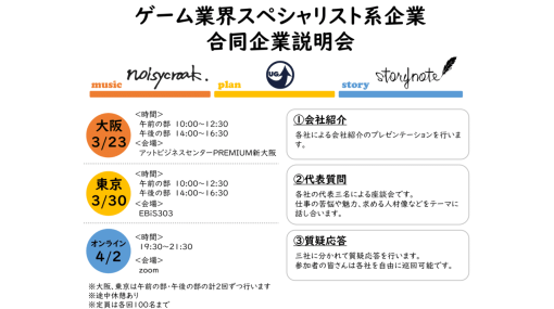 ゲーム音楽・物語・企画のスペシャリスト系企業3社の説明会が3月23日から開催へ。ストーリーノート・ノイジークローク・アッパーグラウンドの3社合同で計5回を実施