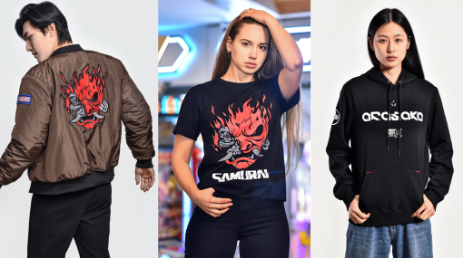 『サイバーパンク2077』のアパレルグッズ予約受付開始。作中に登場する伝説のロックバンド「SAMURAI」のマーク入りTシャツやジャケット。アラサカのパーカーなどが揃う。サイトは英語だが日本発送に対応