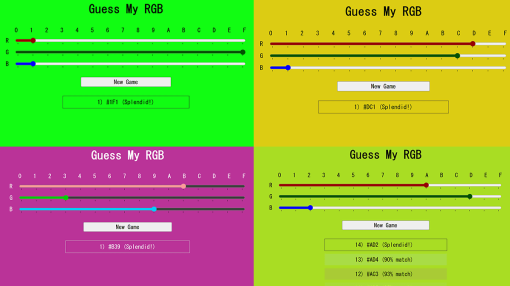 RGBカラーが「R」「G」「B」それぞれどの数値なのか推測して当てるゲーム「Guess My RGB」