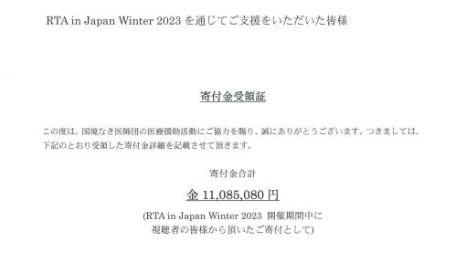 RTA in Japanが「合計1965万円」を国境なき医師団に寄付したことを報告。2023年12月26日から31日にかけて行われた「RTA in Japan Winter 2023」に関連した寄付総額