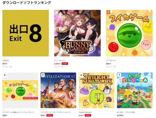 SwitchのDLランキングに「8番出口」「バニーガーデン」が1位2位に登場！ 「スイカゲーム」を抜く