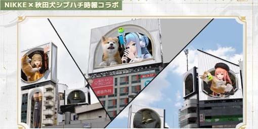 『NIKKE』×『3D秋田犬時報』コラボ実施中。渋谷駅周辺の大型サイネージ8面でニケたちと3D秋田犬が戯れる映像を放映