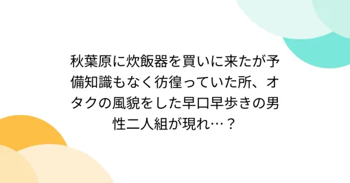 秋葉原に炊飯器を買いに来たが予備知識もなく彷徨っていた所、オタクの風貌をした早口早歩きの男性二人組が現れ…？