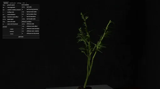 竹生成シミュレーションゲーム『bamboo generator』無料公開。各種パラメーターの数値を入力し、自動で生えてくる竹の変化に富んだ姿や成長を味わう