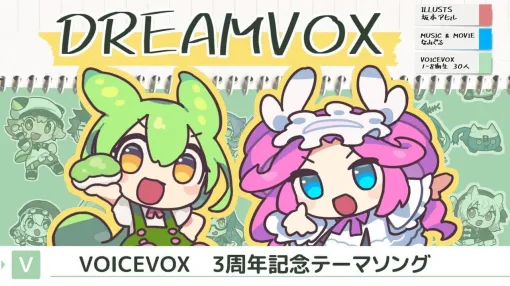 “ずんだもん”などの音声合成ソフト「VOICEVOX」の3周年を祝う記念テーマソングが明日8月1日20時にプレミア公開。VOICEVOX1～8期生の“30人全員がヴォーカルを務める”記念楽曲に。音楽は「ずんだパーリナイ」のなみぐるさんが担当