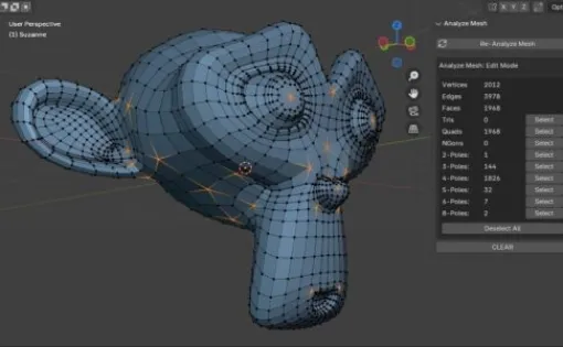 Analyze Mesh – メッシュを解析し頂点、辺、面、3角形、4角形、NGON、極の総数を表示＆選択出来る無料のBlender 4.2向けアドオンがリリース！