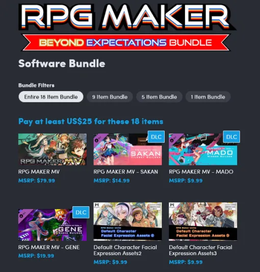 "VX Ace" for $1, "Aktsuku MV" and "UNITE" for $10! The "RPG Maker" bundle is now on sale at Humble Bundle. For $25, you can get "MV" and more.