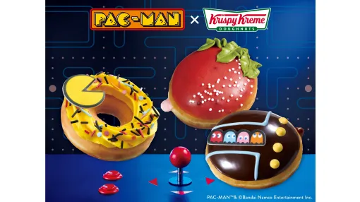 『パックマン』がクリスピー・クリーム・ドーナツとコラボ。ポップでかわいい3種の限定ドーナツを販売。限定デザインのボックスも販売。「渋谷シネタワー店」ではパックマンが1日店長として登場