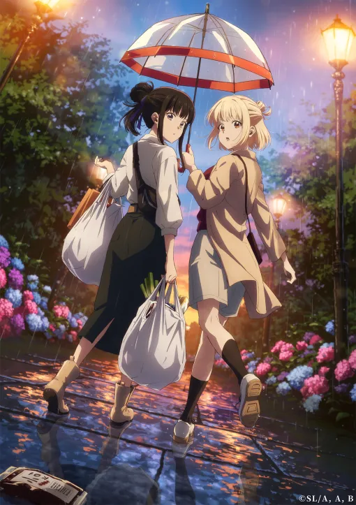 「リコリコ」千束とたきなの梅雨らしいイラストが公開。喫茶リコリコの公式Xにて