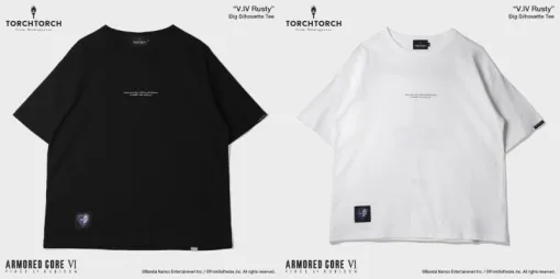 『アーマード・コア6』より「V.IV ラスティ」のTシャツが登場。胸元に印象的なセリフ、裾に口輪をはめられた狼のエンブレムがあしらわれ、背面にプロフィールとAC・スティールヘイズのアセンブルがデザイン