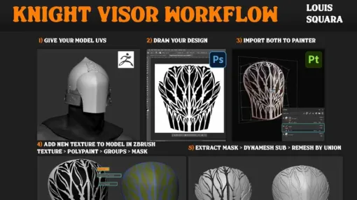 騎士のヘルメットのバイザーデザインと3D化チュートリアルが話題！ Louis Squara氏の投稿、ZBrush・Photoshop・Substance 3D Painterを利用 - ニュース