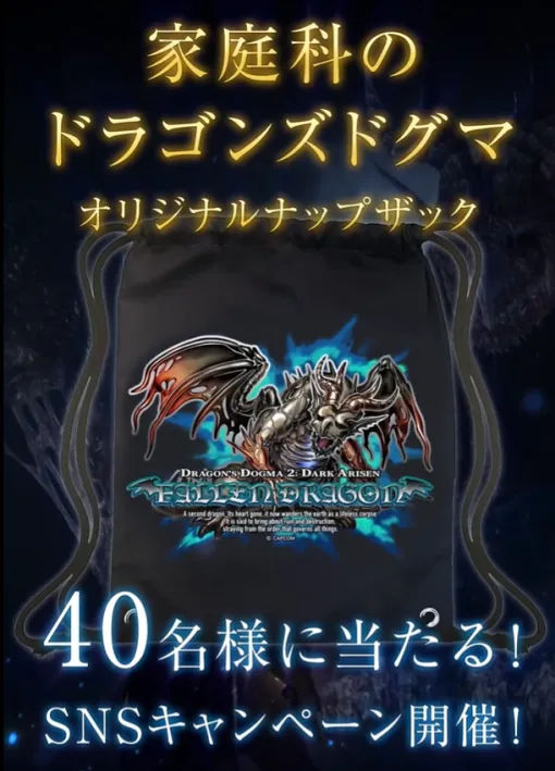 家庭科の『ドラゴンズドグマ』が降臨。おなじみ「家庭科のドラゴン」と『ドラゴンズドグマ 2:ダークアリズン』がまさかのコラボ、描き下ろしナップザックが40名に当たる 家庭科の『ドラゴンズドグマ』が降臨。おなじみ「家庭科のドラゴン」と『ドラゴンズドグマ 2:ダークアリズン』がまさかのコラボ、描き下ろしナップザックが40名に当たる